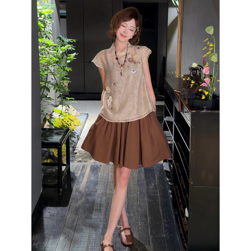 Yolo Youlu Yuelong 2026 Summer 75% Rayon Original Dyed Lace Splicing Loose Casual Top
