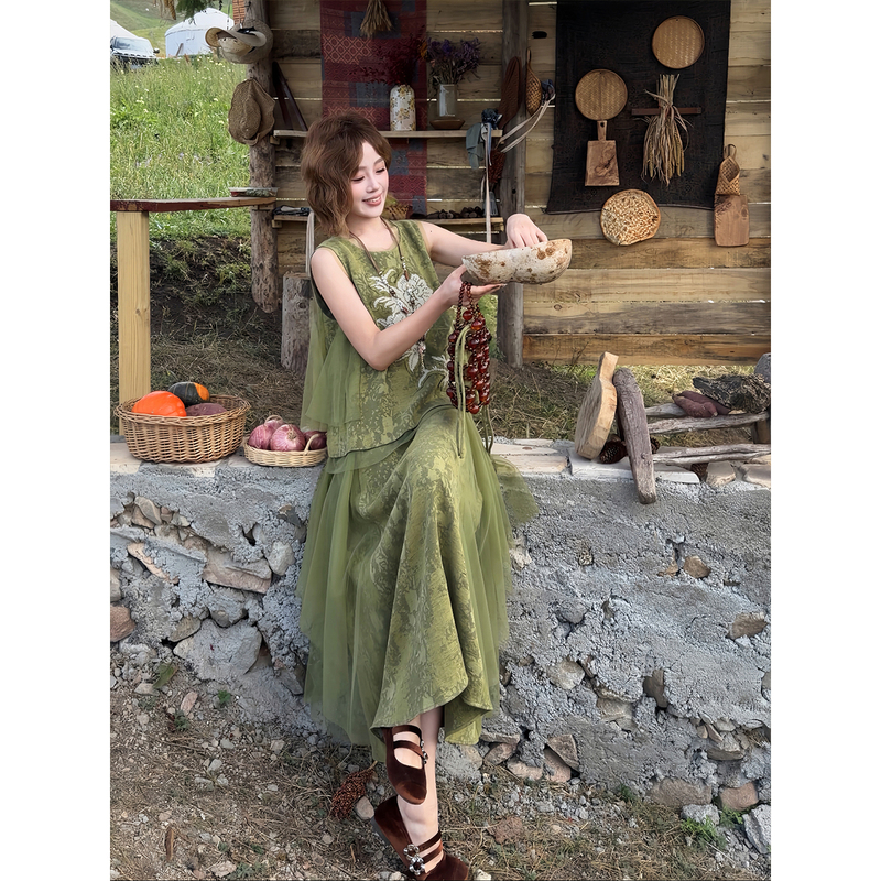 Yolo Youlu Qingshan New Chinese Style Autumn Lyocell Linen Cross-Stitch Fishtail Mesh Vest Skirt Set for Women