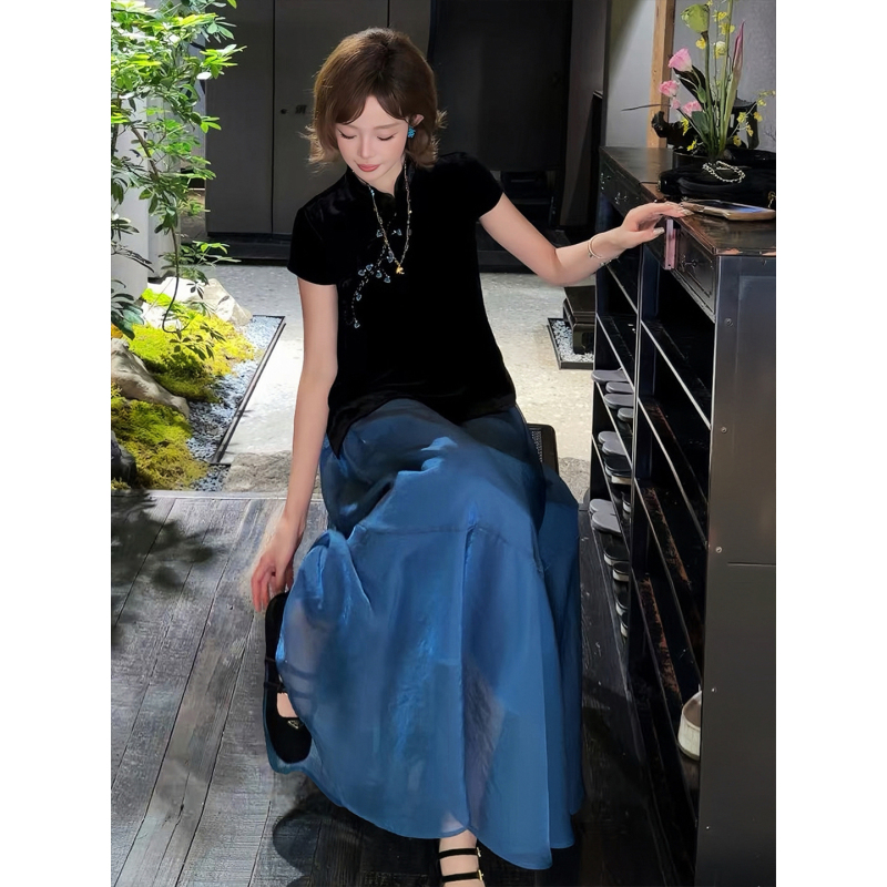 Yolo Youlu Shuyu 2026 Summer “100% Mulberry Silk” Handmade Beaded Shell Embroidery Velvet Short-Sleeve Top