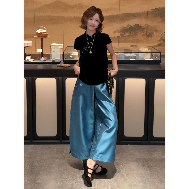 Yolo Yuluo Chan's New Chinese-Style Summer Original Handmade Embroidered Double Palace Color-Woven Brocade Wide-Leg Cropped Pants for Women Yolo Yuluo Chan's New Chinese-Style Summer Original Handmade Embroidered Double Palace Color-Woven Brocade Wide-Leg Cropped Pants for Women