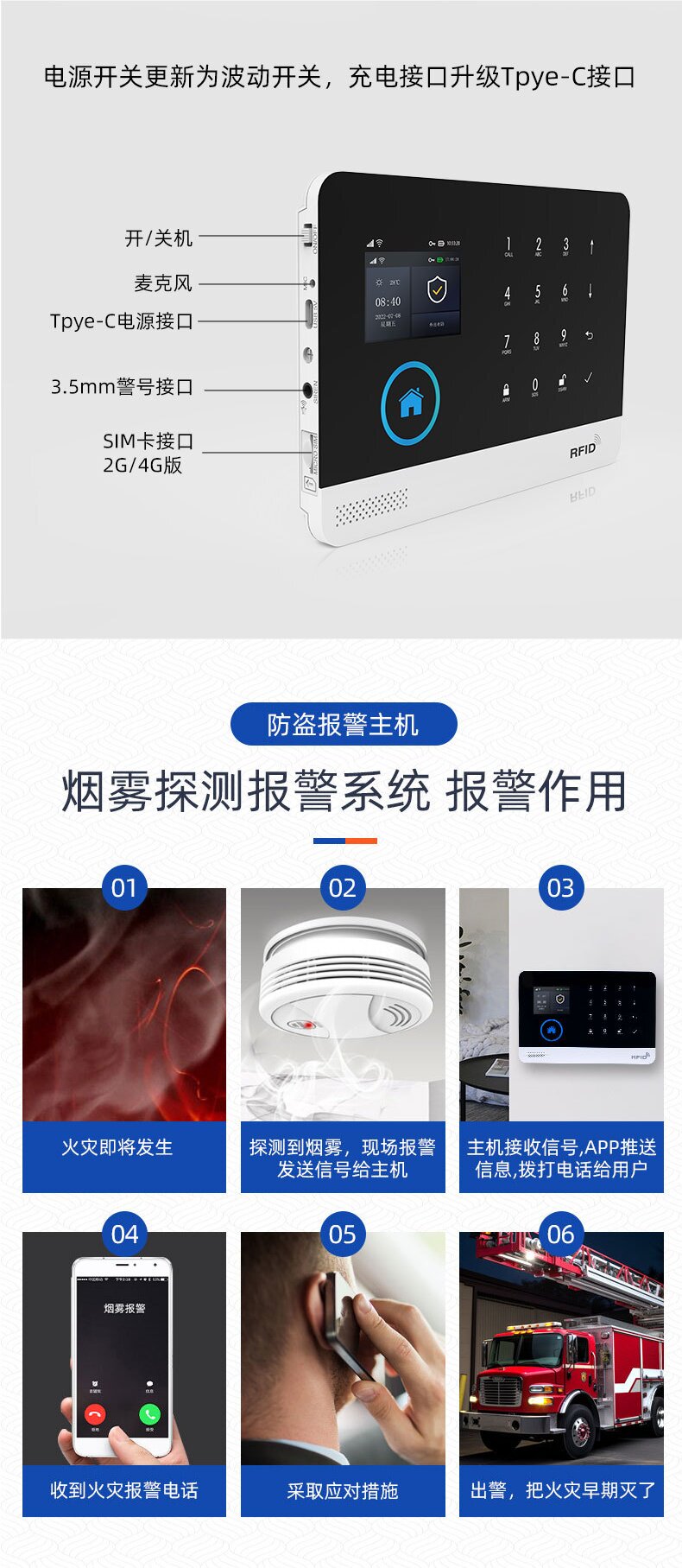 Противоугонная 涂鸦智能wifi+gsm双网报警主机2.4寸全触摸彩屏无线防盗报警系统