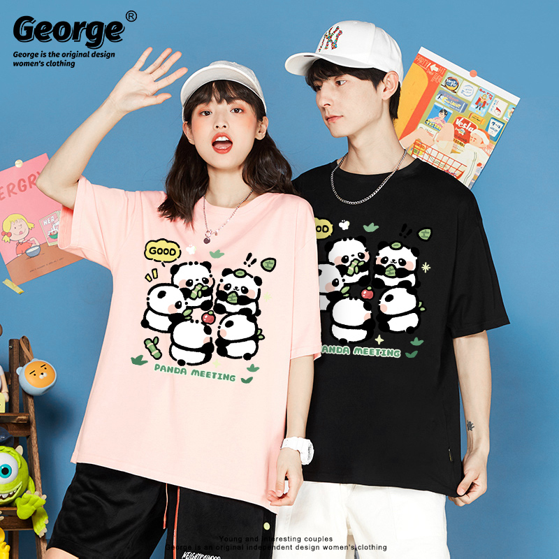 Couple's Clothing with a Unique Design, Short-Sleeved Panda T-Shirt with Bamboo, Soft and Cute for Parties, Loose Fit for Men and Women, Korean Style Half-Sleeve