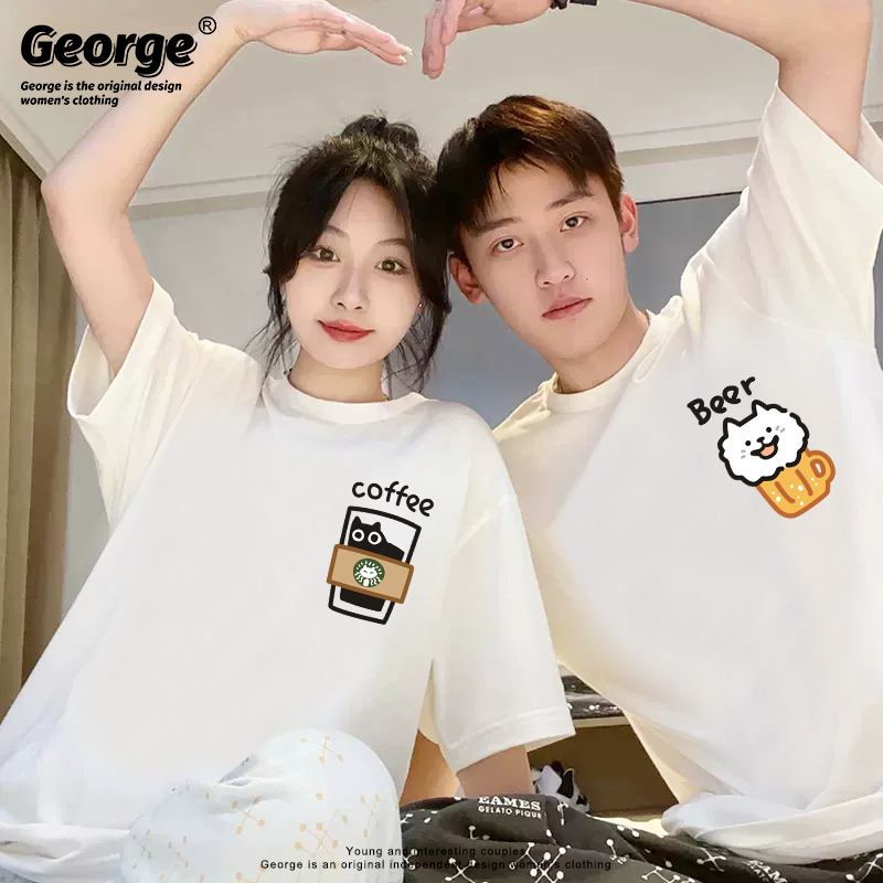 Different Couple Outfits Little Black Cat Buck Coffee Beer Samoyed Short-Sleeved Trendy Loose Pure Cotton Men's and Women's T-Shirts