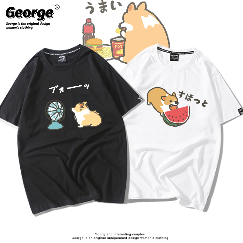 Cartoon Japanese Corgi Shiba Inu Puppy Print Pattern Round Neck Casual Loose Unisex Short-Sleeve T-Shirt Couple Outfit