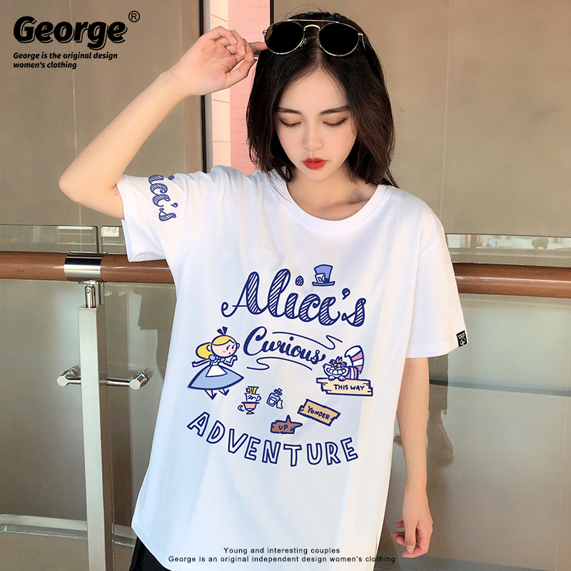 New Alice Cartoon Graffiti Style Short-Sleeve Cheshire Cat T-Shirt Printed Top Unisex Versatile Trendy Student Summer