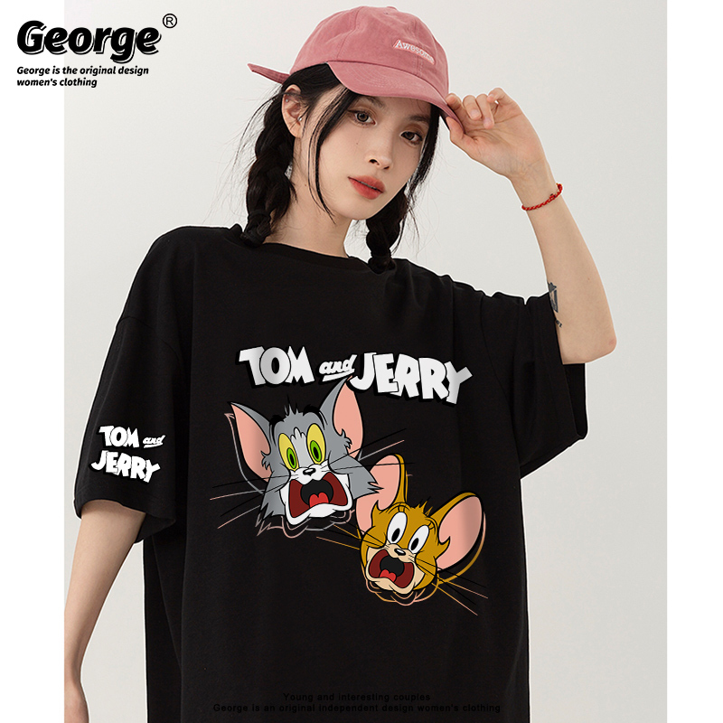 New Summer Couple's Clothing Design: Casual Tom and Jerry Short-Sleeve T-Shirt with Surprised Face, Trendy New Summer Couple's Clothing Design: Casual Tom and Jerry Short-Sleeve T-Shirt with Surprised Face, Trendy