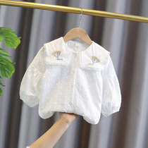 Girl White Shirt Long Sleeve Children Spring Autumn Pure Cotton Lining 2023 Spring New Baby Doll Collar Foreign Air Spring Clothing