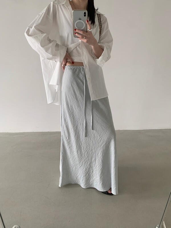 Table Korean-Style Simple Textured Drawstring Long A-Line Skirt for Women, Versatile and Slimming, Elegant Half-Fishtail Skirt for Summer