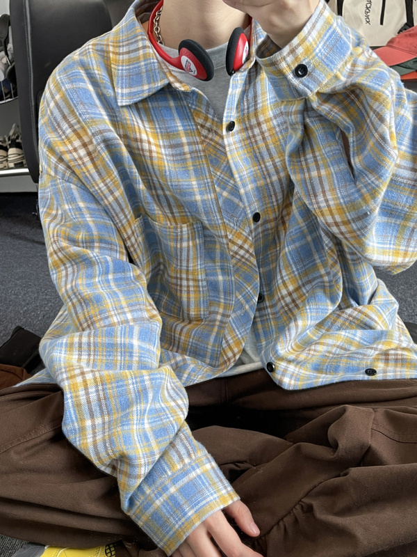 Goodbye Official Flagship Store Korean Version Retro Plaid Plus Size Turn-Down Collar Long Sleeve Shirt Bai Jingting Same Style Shirt