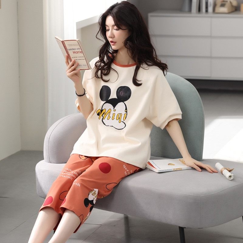 Pure Cotton Pyjamas Women's Summer Short Sleeves Seven Pants Two-piece Style Suit Spring Autumn Cute Student Han Edition Can Be Worn Out of Home
