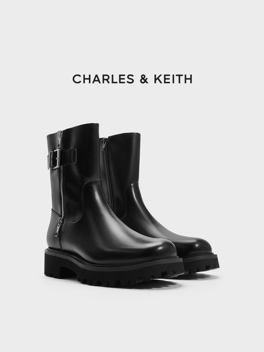 Charles&Keith25 New Autumn Collection Ck1-90920160 Round Toe Thick-Soled Zipper Belt Buckle Motorcycle Short Boots