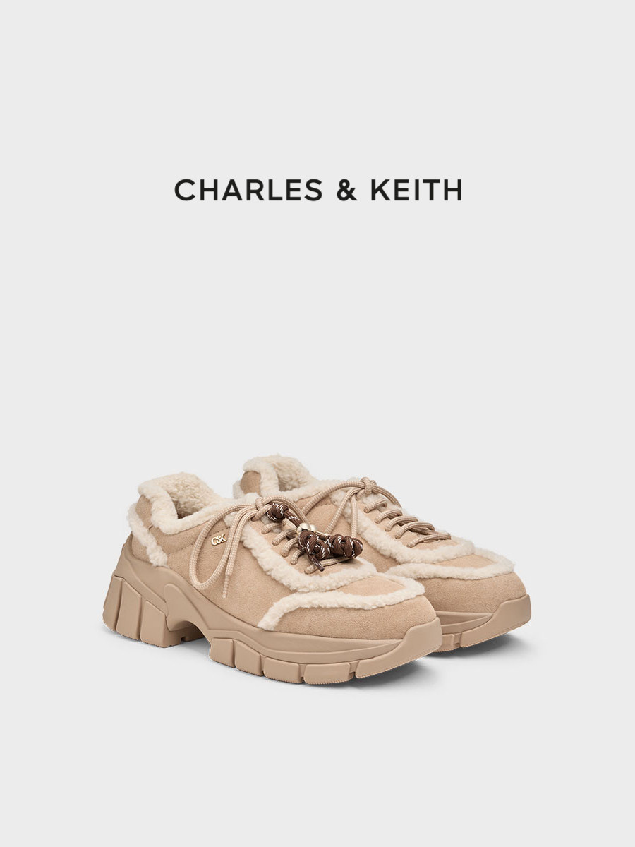 Charles&Keith25 Winter New Model Sl1-71960003-1 Thick-Soled Plush Lace-Up Sneakers Dad Shoes