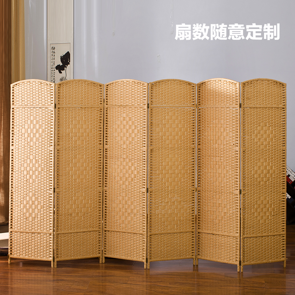 Grass and rattan woven screen partition Folding solid wood hotel fitting room Entrance Living room Bedroom Mobile folding screen Chinese simple