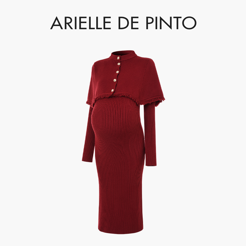 French ARIELLE DE PINTO Pregnant Woman Suit Autumn winter paragraph with shawl sweater with knitted one-piece dress suit-Taobao