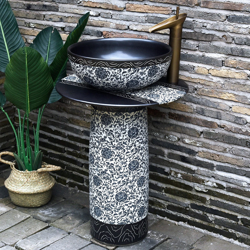 Chinese Qingflower upright post style washbasin retro ceramic washbasin outdoor patio one-piece balcony antique pool