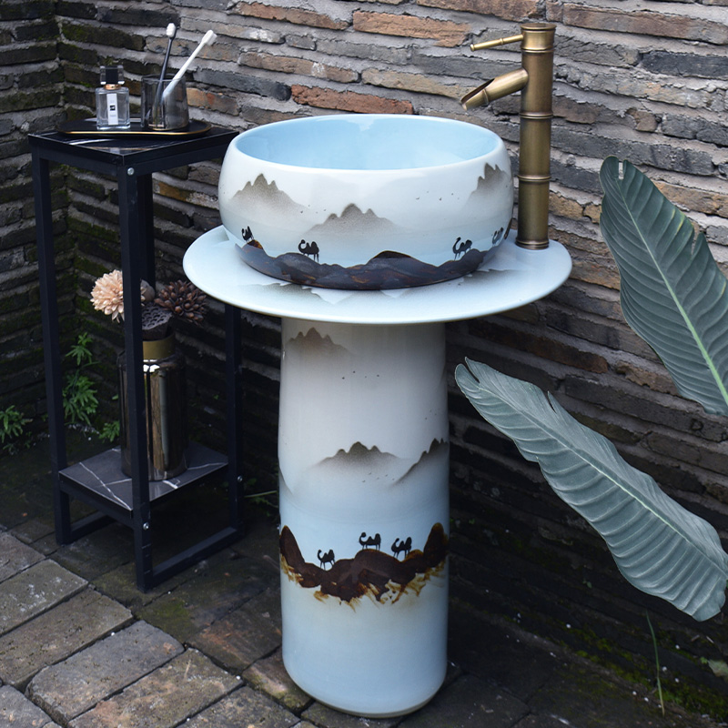 Jing Rhyme Art Upright Post Style Wash Basin Hands-painted Desert Silk Road Ceramic Washbasin Toilet Balcony Column Basin-Taobao