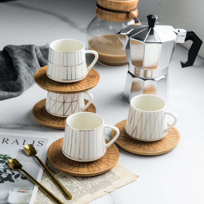 Slightly Flawed Ceramic Coffee Cup with Stripes and Bamboo Saucer, Nordic Style, Divided Mini 80ml Espresso Cup with Spoon Slightly Flawed Ceramic Coffee Cup with Stripes and Bamboo Saucer, Nordic Style, Divided Mini 80ml Espresso Cup with Spoon