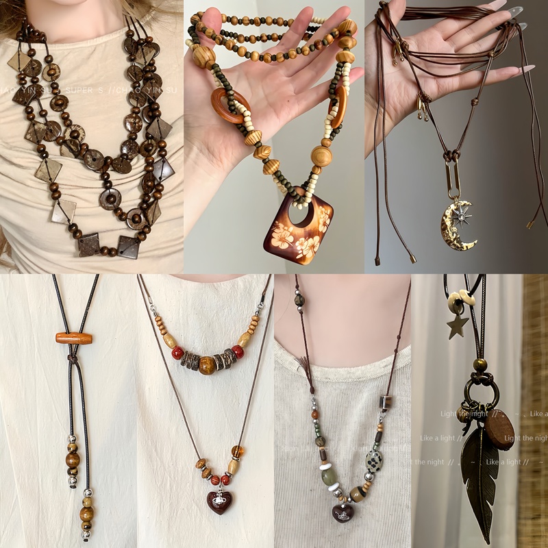 Bohemian Wooden Bead Necklace Layered with Zen Feathers, Vintage Niche Moon Starburst Coconut Shell Hand-Woven
