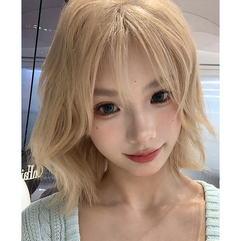 Strawberry Summer New Light Gold Jk Wig Short Hair Full Head Cover Women's Hair Color Girl Group Bobo Head Short Curly Straight Hair