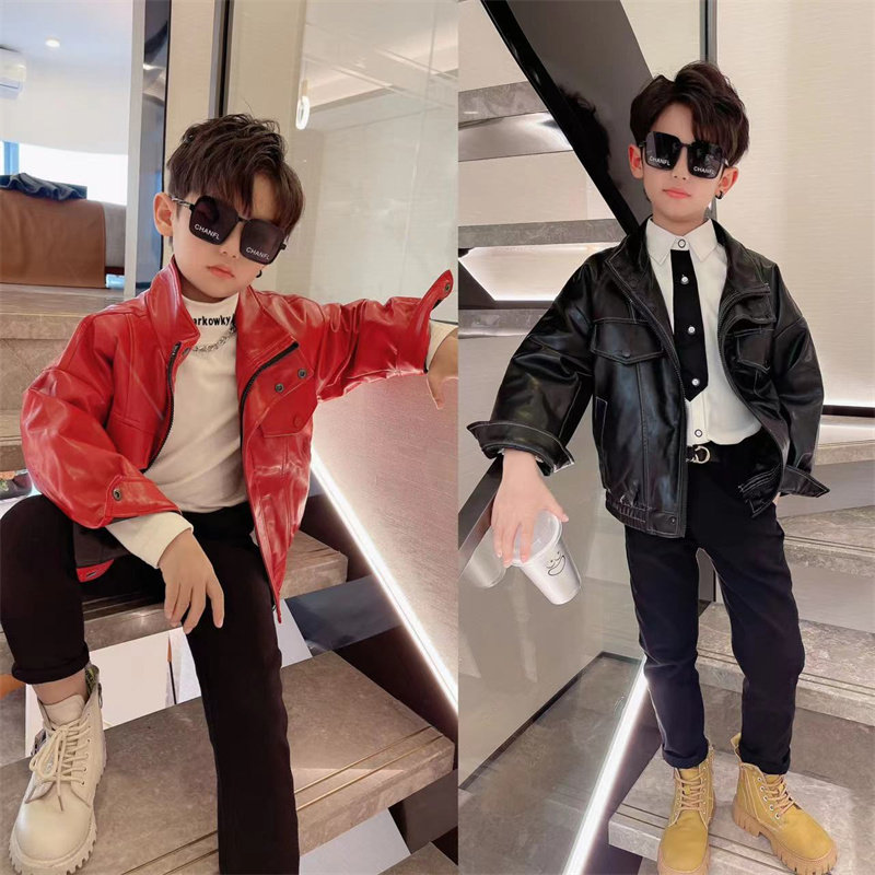 Boy thickened fried street leather clothes new CUHK Winter Clothing Handsome leather jacket children clip cotton ruffling handsome red jacket-Taobao