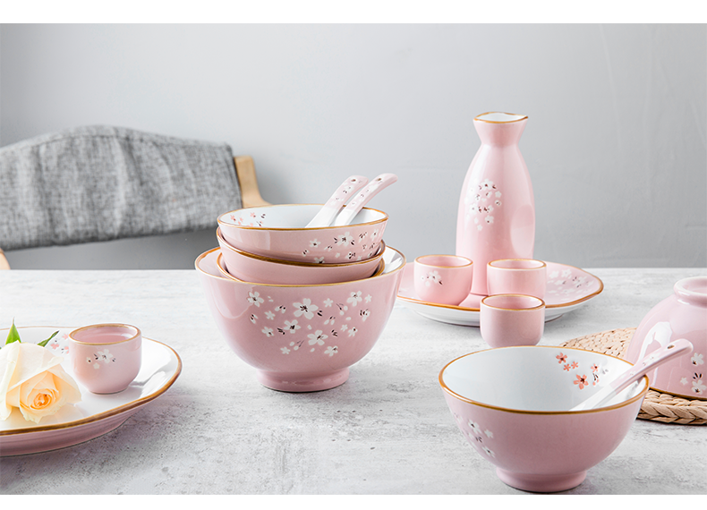 Creative Japanese under pink cherry blossoms hand - made glaze ceramic tableware home rice bowls disc sushi plate of wine