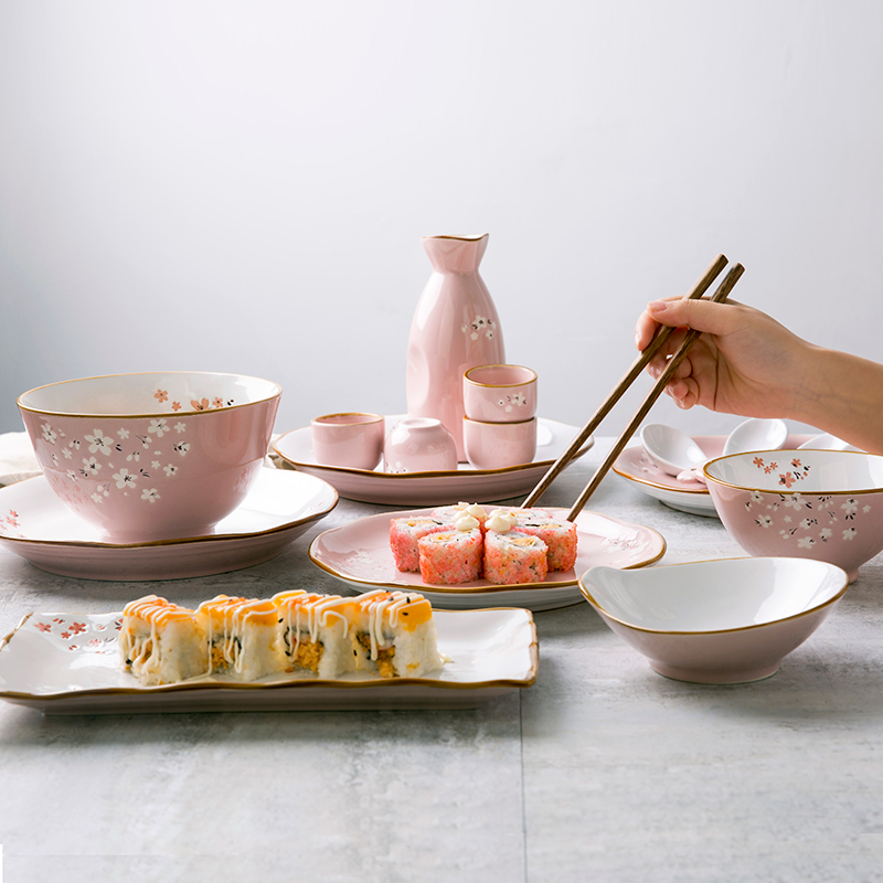 Inscription creative Japanese under pink cherry blossoms hand - made glaze ceramic tableware household festival gift set