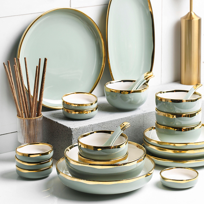 Light Luxury Tableware Set Phnom Penh Scandinavian Style Household Bowls and Plates Combination Hotel Club Emerald Ceramic Tableware