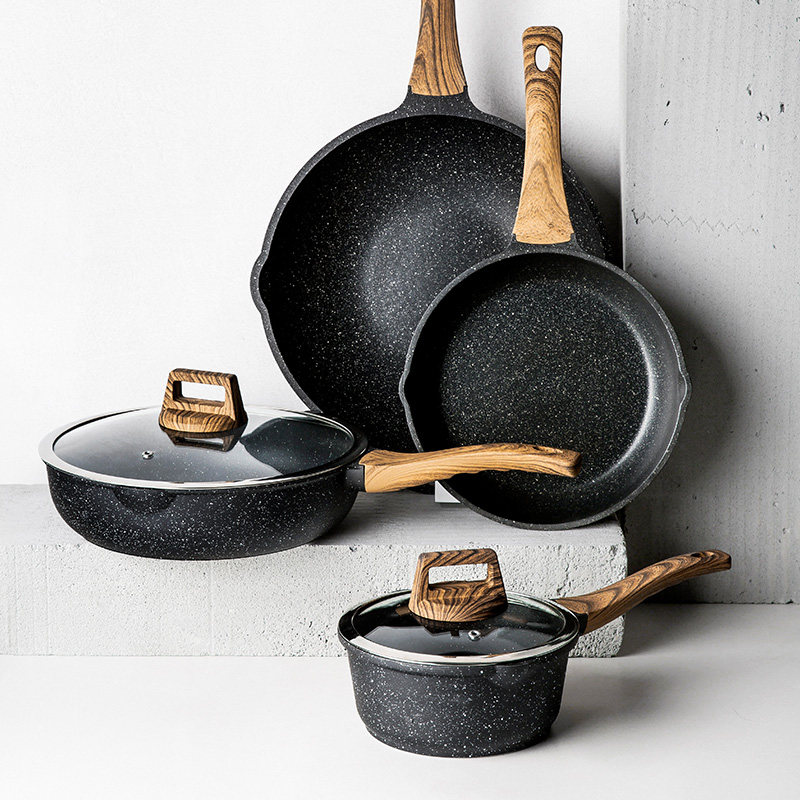 Wok household electromagnetic cooker gas bright hot pot non-stick pan wok maifanishi soup pot wooden handle