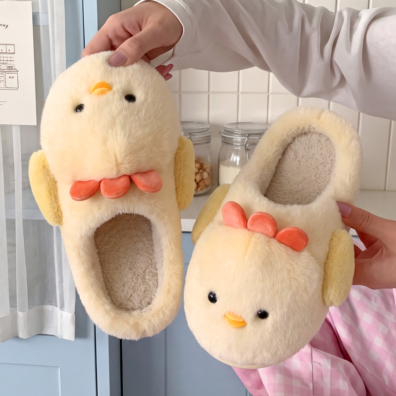 Cute Chick Cotton Slippers for Women 2026 New Autumn and Winter Home Indoor Non-Slip Fleece-Lined Warm Couple Cotton Shoes