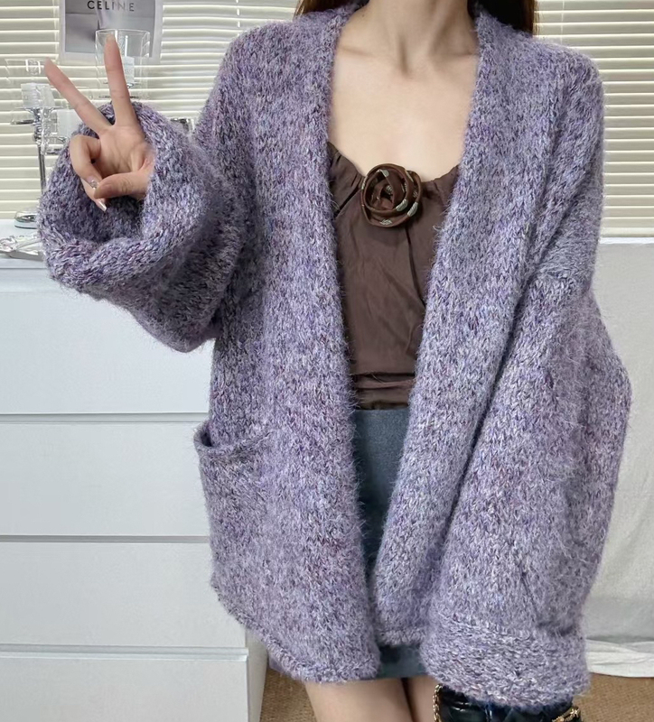 Popular Purple Sweater Coat for Women, High-End Loose-Fitting Hong Kong Style Retro Lazy Style Lapel Long-Sleeve Knitted Cardigan