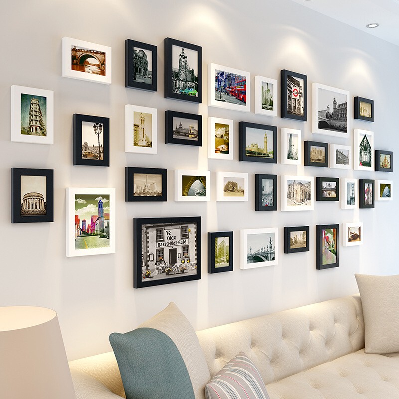 Multi-Frame Simple Modern Photo Wall for Living Room, No-Drill Combination Photo Frame Wall Hanging Photo Album Landscape Picture Decoration