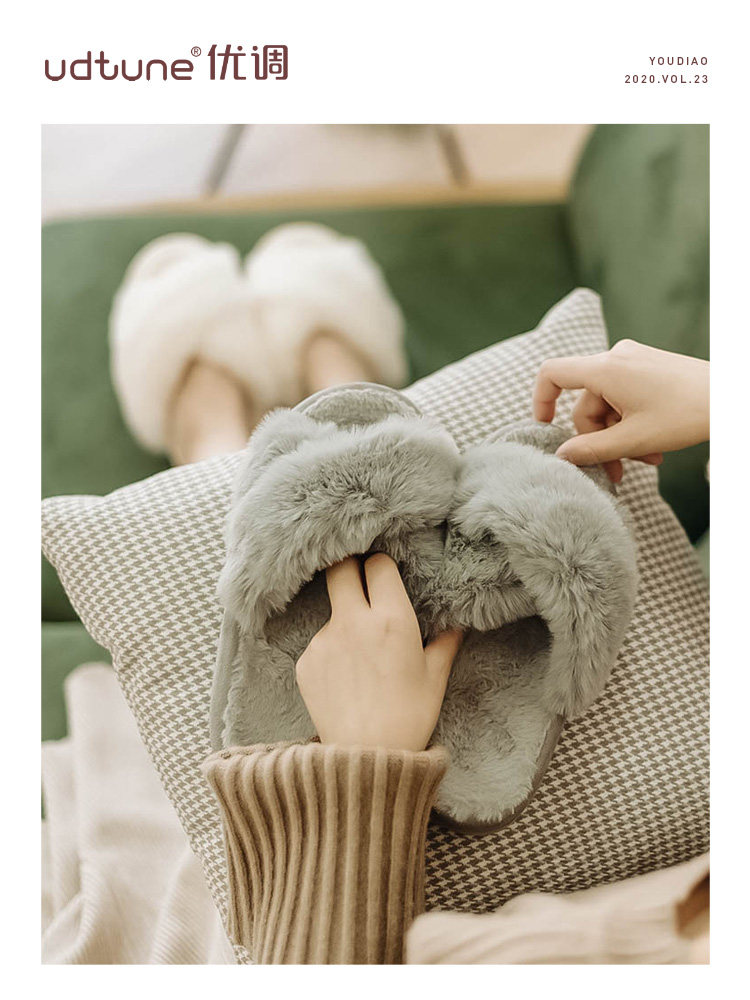 Girl heart net red plush cotton slippers women wear spring and autumn indoor home household thick bottom cute ins summer