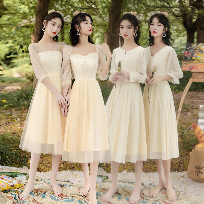 Bridesmaids women's summer new long sleeves wedding sister group small gown with long version of bridesmaid dress slim to cover