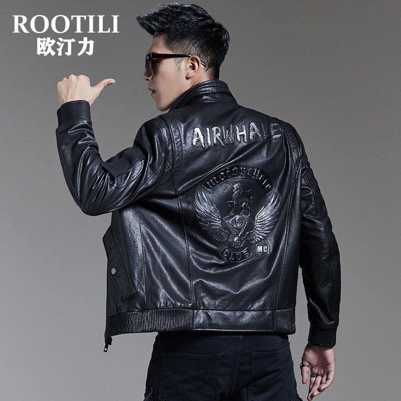 Autumn and Winter Haining Men's Leather Jacket with Stand Collar, Biker Leather Jacket, Sheepskin Genuine Leather Coat, Short Casual Printed Jacket, Trendy