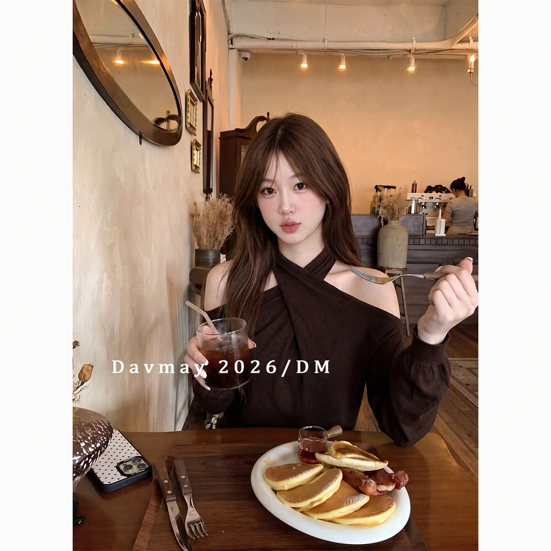 Davmay Recommends~ Chocolate Brown Off-Shoulder Cross-Neck Knit Sweater with a Youthful Korean Style and a Slimming Effect