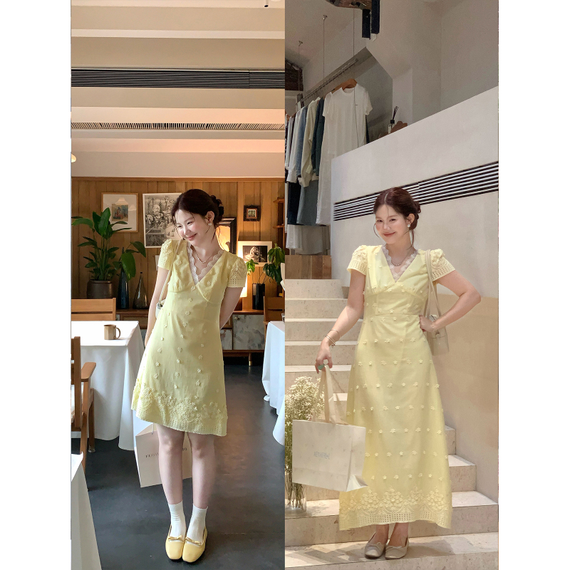 Fire Fire Fire【Apricot Jam】100% Cotton Korean Style Lace Patchwork V-Neck Dress Women's Mid-Length Short-Sleeve Dress