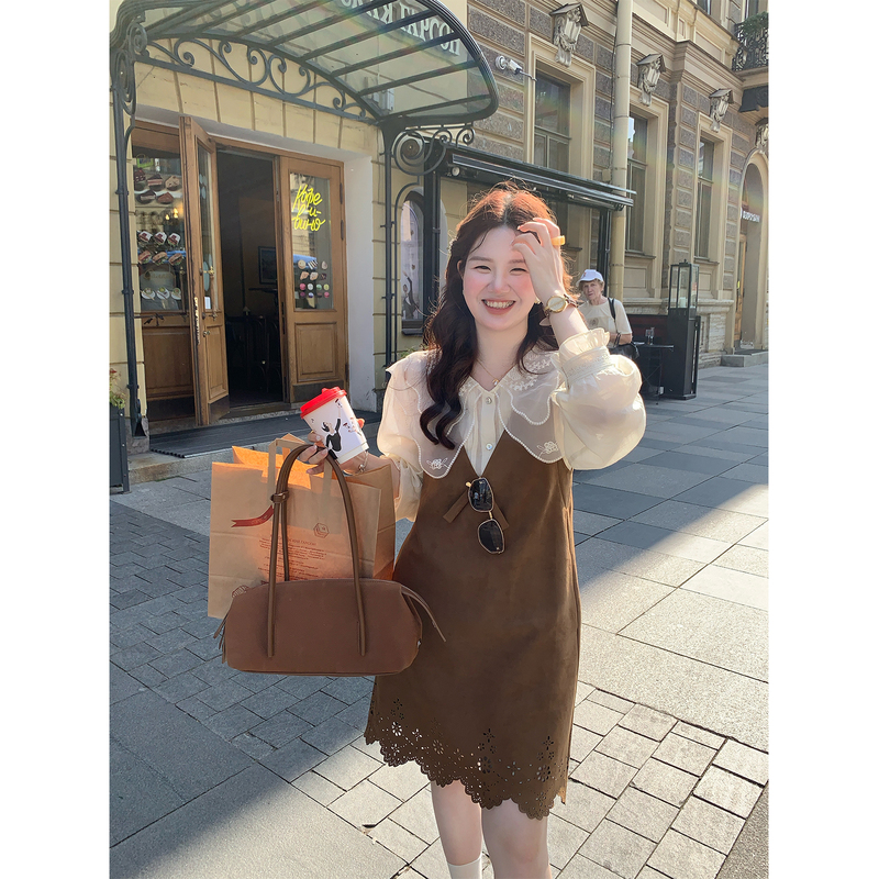 Fire Fire Fire【Dusk Utopia】Korean Style Suede Vest Dress for Women, Vintage V-Neck, Elegant Mid-Length Dress