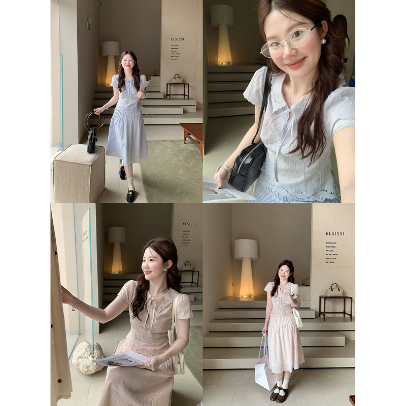 Fire Fire Fire【Endless Summer】Korean-Style Lyocell Doll Collar Top Women's Mid-Length Skirt Fashion Set