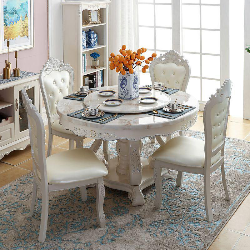 Eurostyle Marble Table Solid Wood Round Table Dining Table And Chairs Combine Modern Minima Small Household Type Home Round with turntable