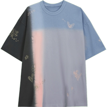 JNBY Jiangnan Buyi T-shirt short-sleeved womens flat embroidery hanging dye contrast top beach graffiti color matching 100% cotton round neck