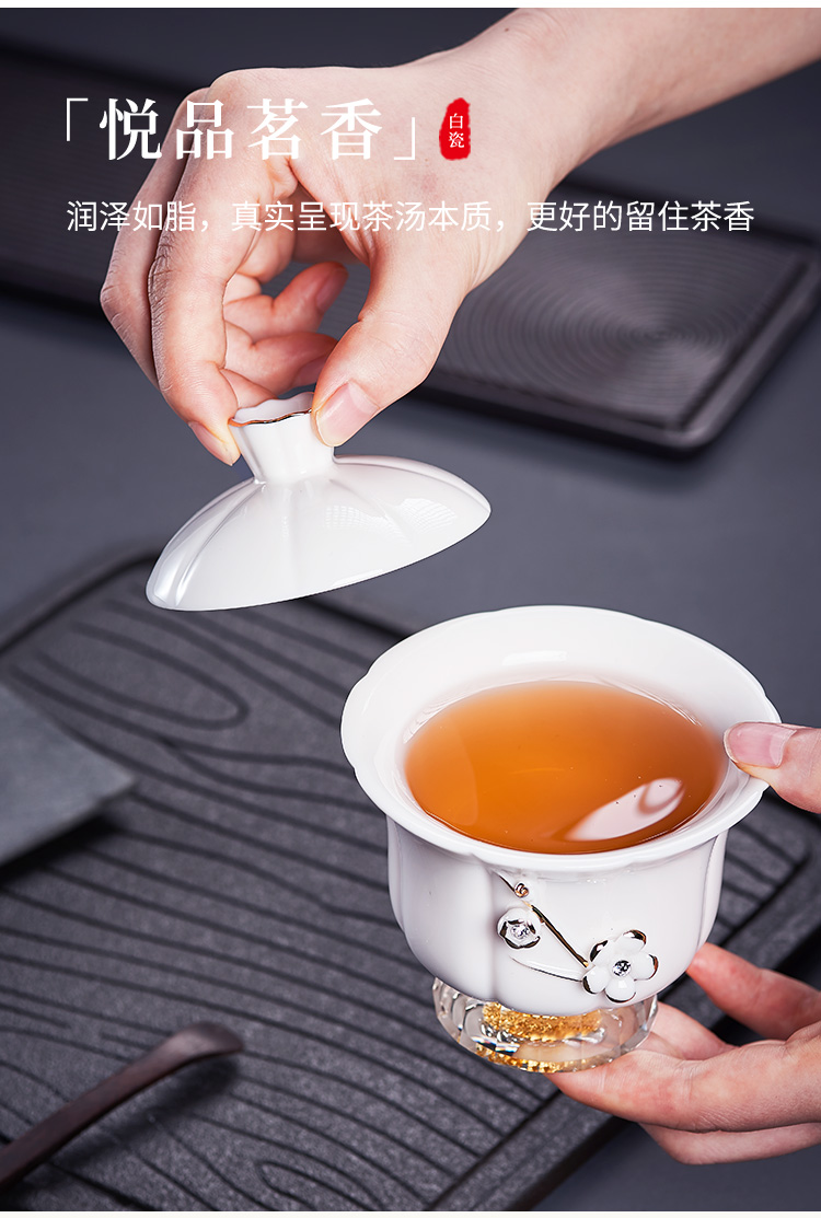 Dehua white porcelain tureen paint three cups to use large kung fu tea bowl kung fu tea set home