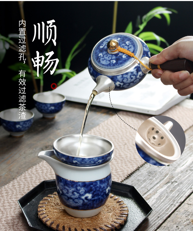 Jingdezhen blue and white porcelain tea set suit Japanese household silver ceramic kung fu tea set side of a complete set of the pot of tea cups