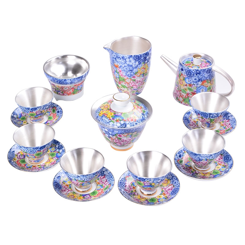 Jingdezhen coppering. As silver tea set colored enamel porcelain of a complete set of kung fu tea set with silver tureen teapot teacup cup mat