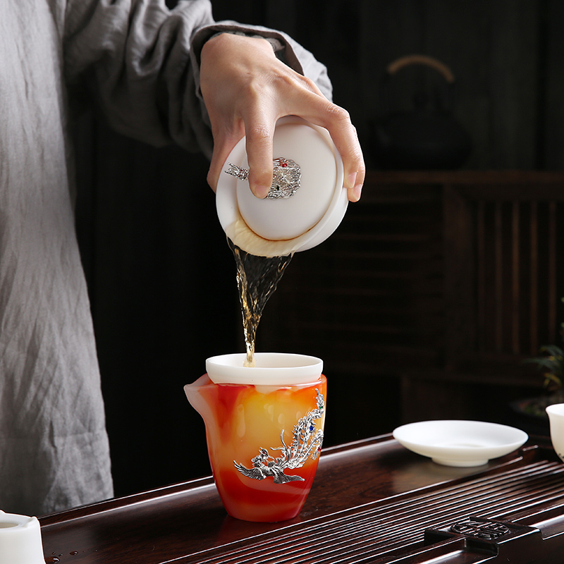 Dehua suet jade suit with silver white porcelain ceramic tureen kung fu tea set the home office of a complete set of cups