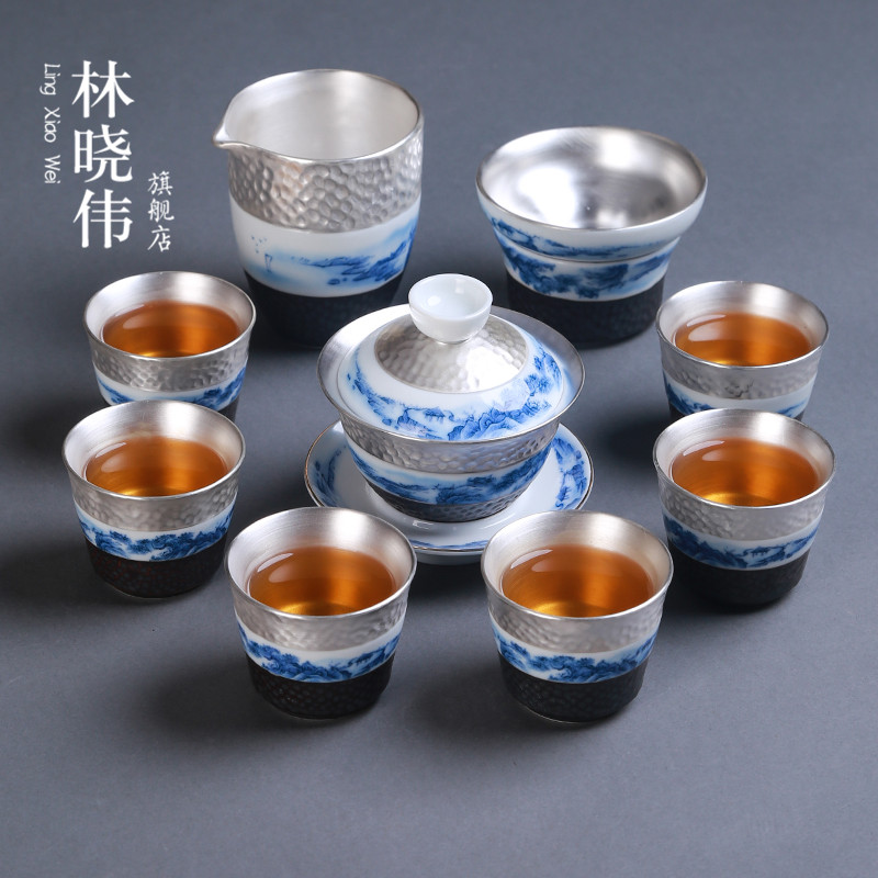 Coppering. As silver suit ceramic tea set office 999 sterling silver, kung fu tea cups of a complete set of Japanese tea tureen