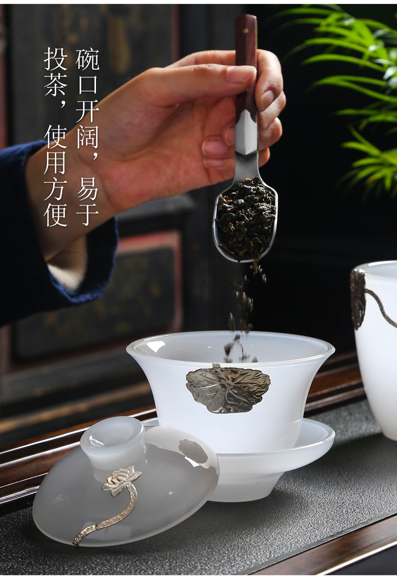 Coloured glaze kung fu tea set suit white jade porcelain inlay silver tea set household glass teapot teacup silver tea gift box