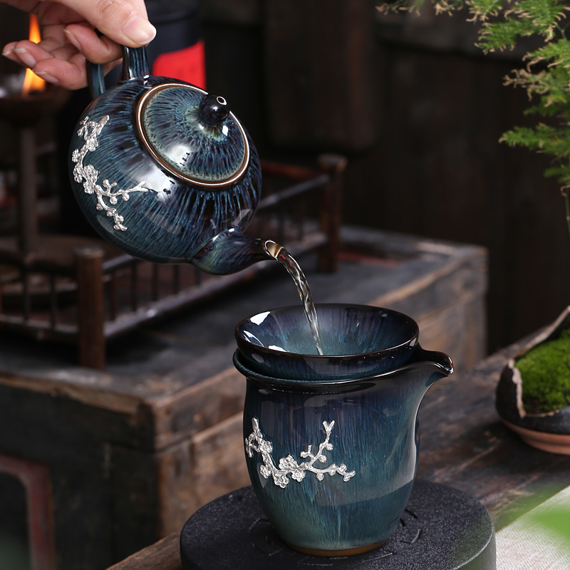 Jingdezhen up with silver tea set ceramic building red glaze, office home a whole set of kung fu tea kettle