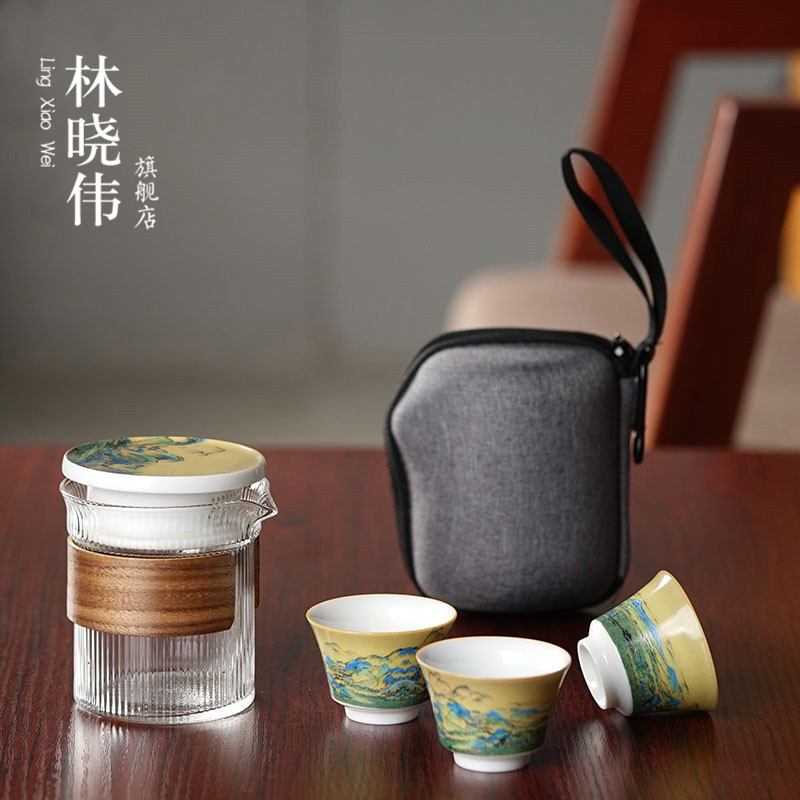 Lin Xiaowei crack cup against a pot of three cups of hot ceramics glass portable travel kung fu tea set contracted