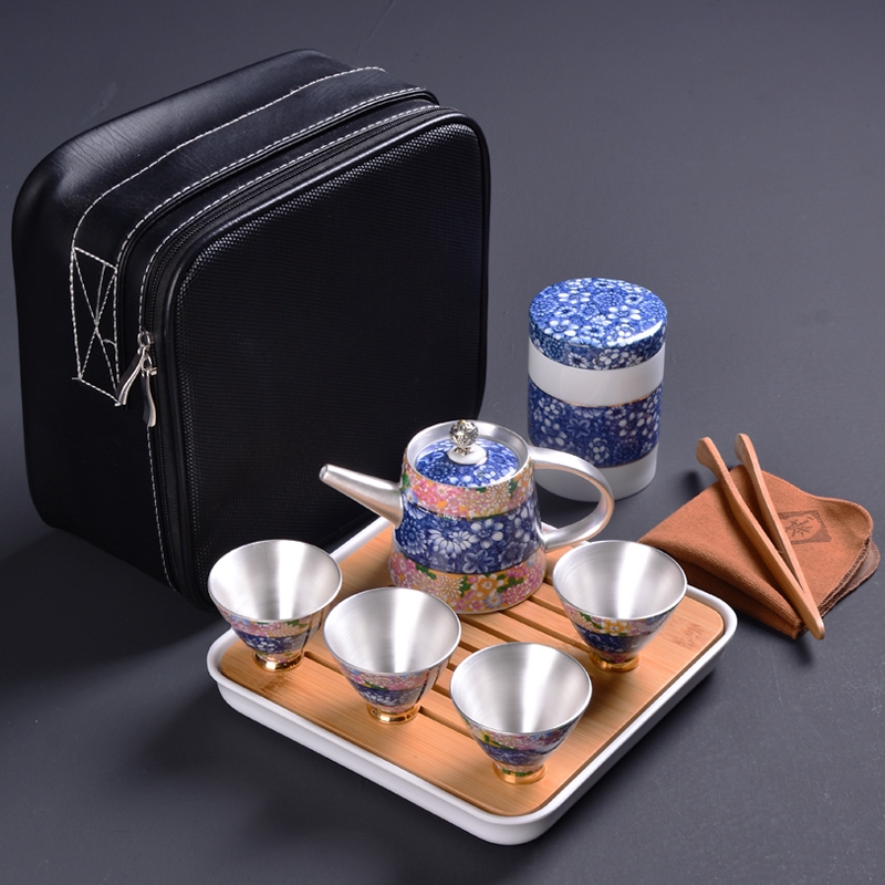 Sterling silver tea sets travel a pot of four cups of kung fu tea set household contracted a complete set of silver teapot ceramic cups
