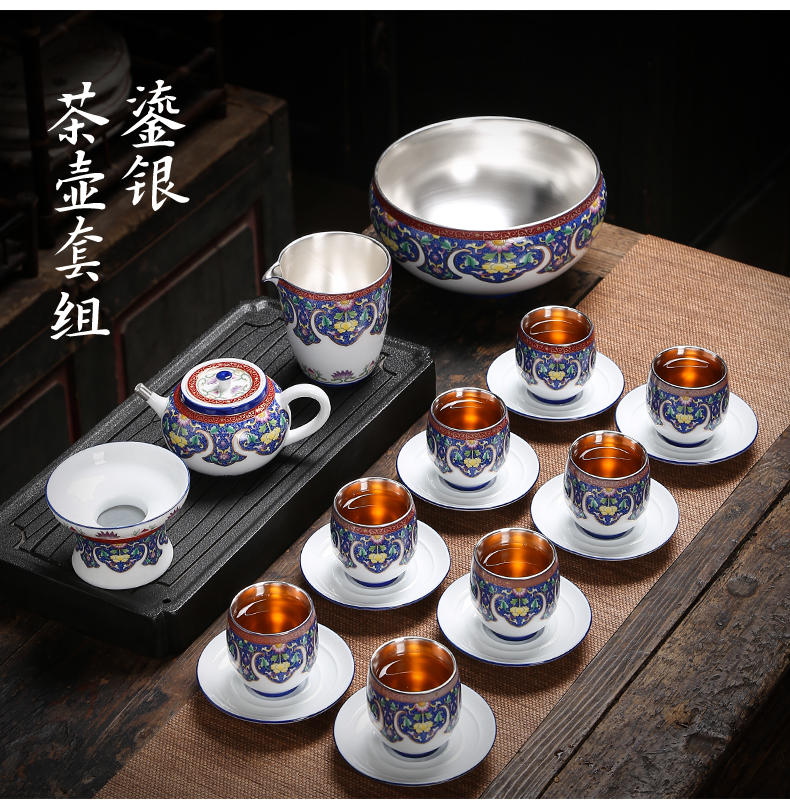 Jingdezhen 999 sterling silver tea set kung fu tea colored enamel ceramic teapot tea of a complete set of household contracted